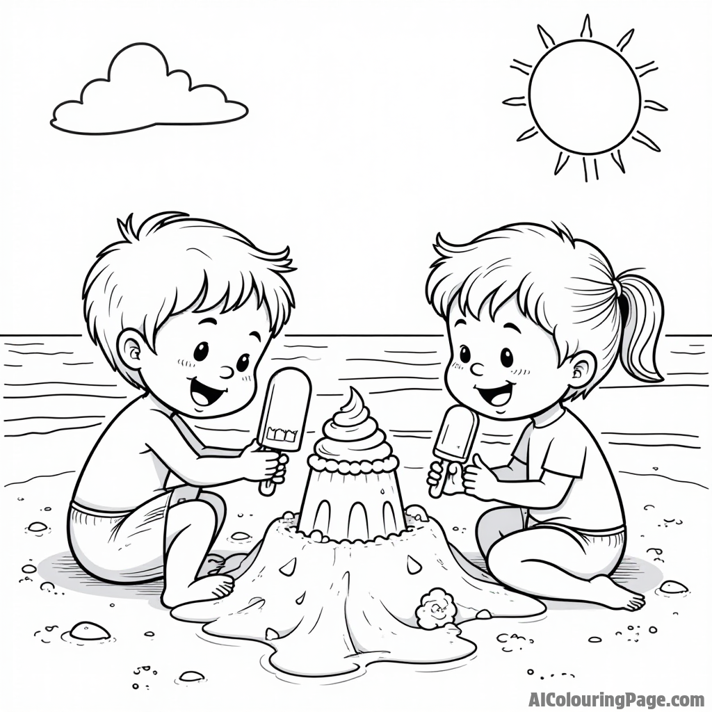 A beach scene with kids building sandcastles made of ice cream and enjoying popsicles in the sun