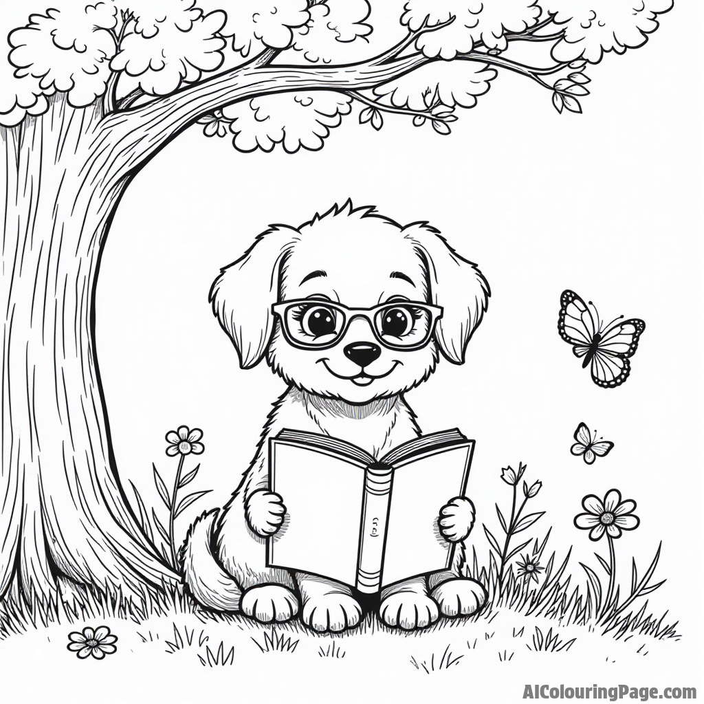 A puppy reading a book under a tree, with glasses on, surrounded by flowers, butterflies, and a gentle breeze blowing.