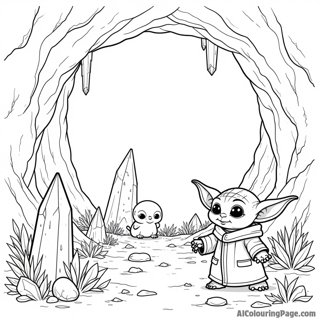 Baby Yoda exploring a magical cave filled with glowing crystals and friendly creatures