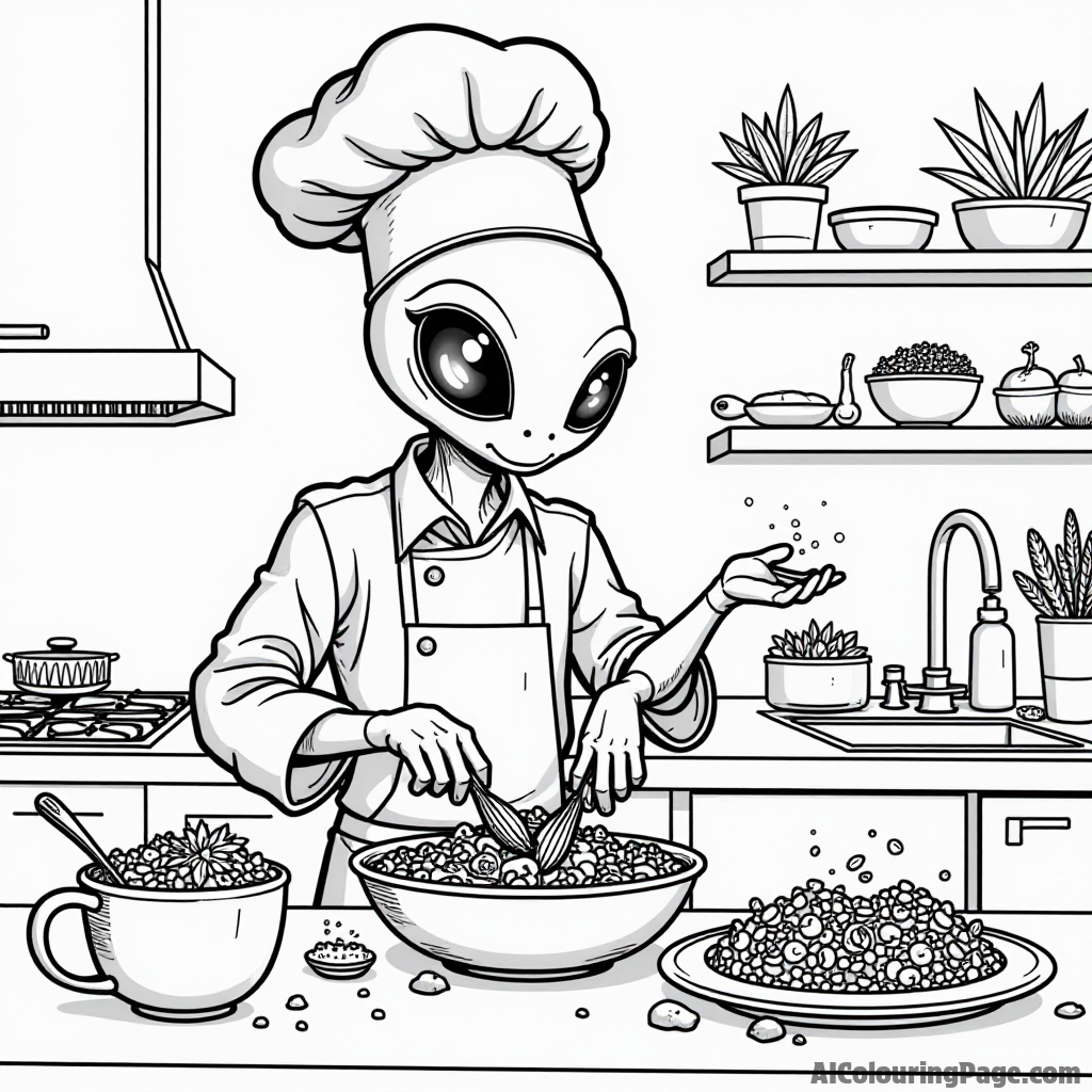 An alien chef cooking bizarre dishes in a lively kitchen filled with colorful ingredients, perfect for aspiring young cooks.