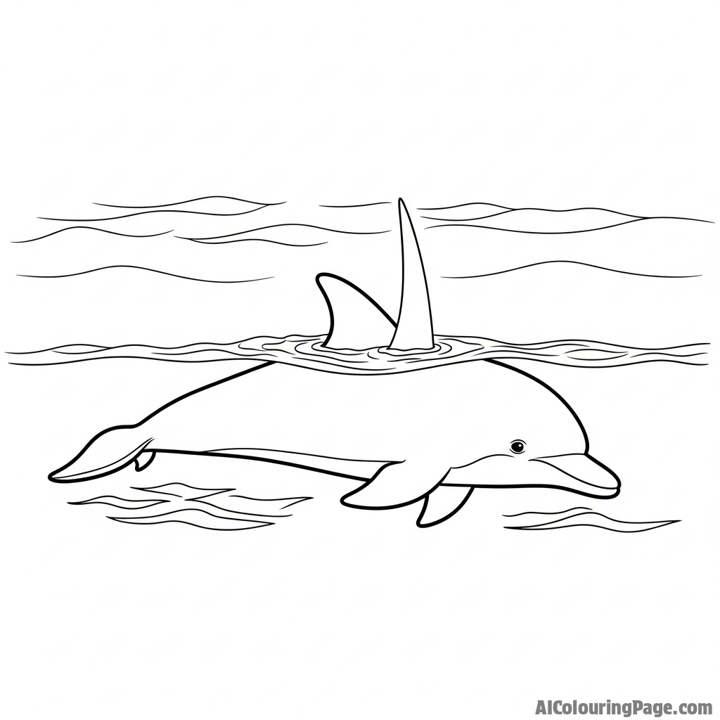 A dolphin gliding just beneath the water’s surface, its dorsal fin a sharp shape cutting through the tension.