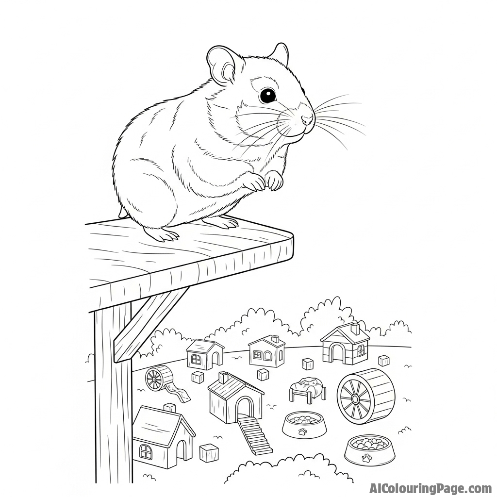 A cinematic shot of a hamster standing on a high perch, looking over its domain
