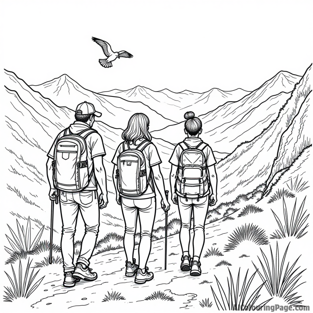 A group of friends hiking together, carrying backpacks and climbing gear, with a picturesque valley stretching below and birds flying overhead, ready for creative coloring moments.