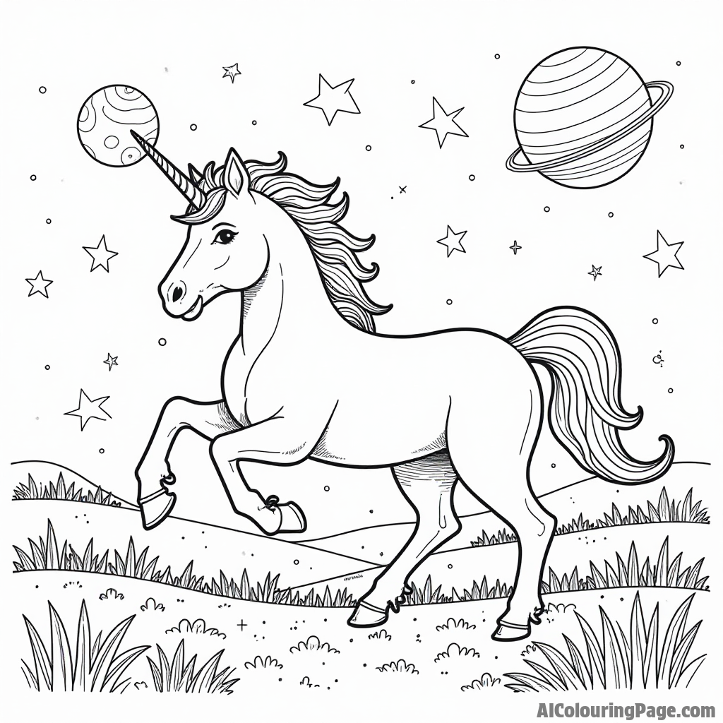 A unicorn prancing through a field of stars with colorful planets in the background, encouraging imaginative and cosmic coloring.