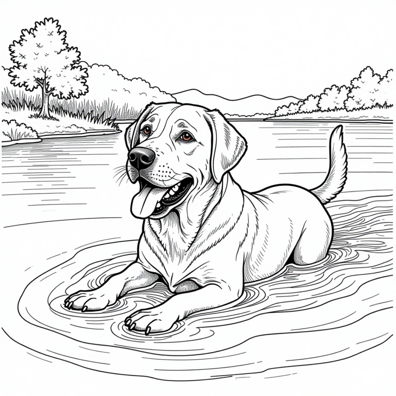 A happy Labrador Retriever swimming in a lake