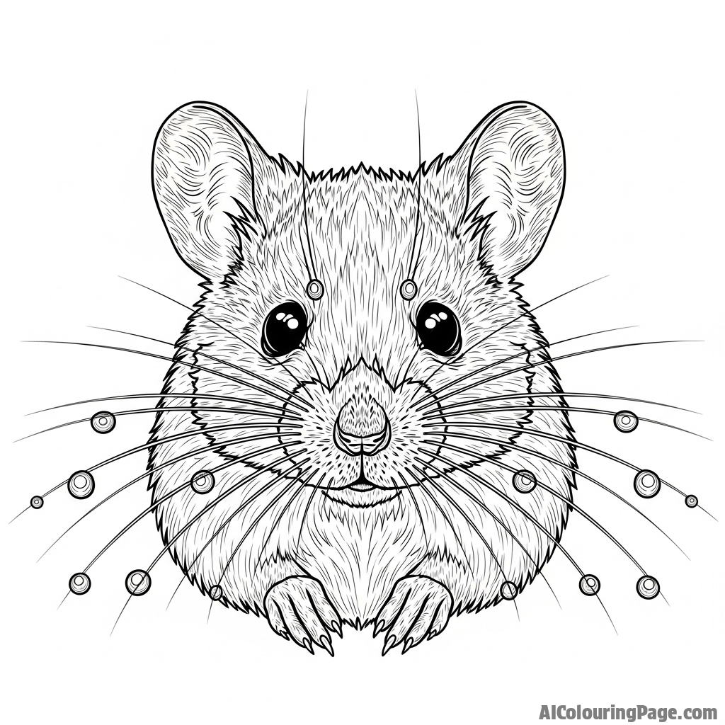 Macro photograph of a field mouse with dew drops on its long whiskers.