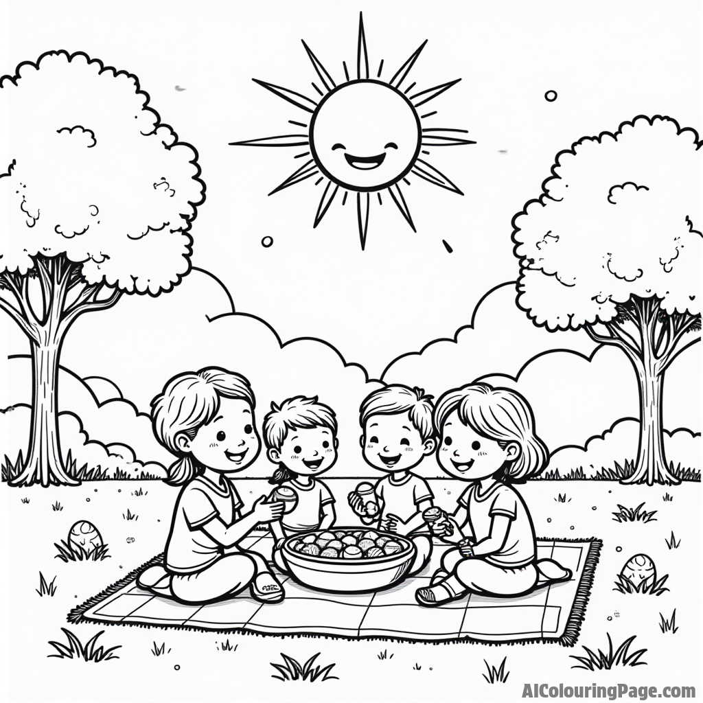 A smiling sun shining down on a picnic scene with families enjoying Easter treats on a blanket in a park.