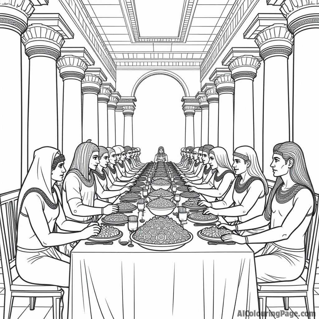 A scene of a grand feast in an ancient Egyptian palace, with tables filled with exotic foods and guests in traditional attire, providing insight into the social customs of ancient Egyptian life.