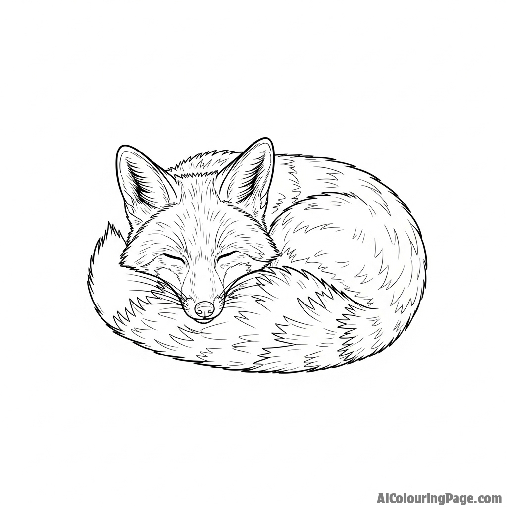 A fox curled up asleep, its bushy tail wrapped over its nose for warmth.