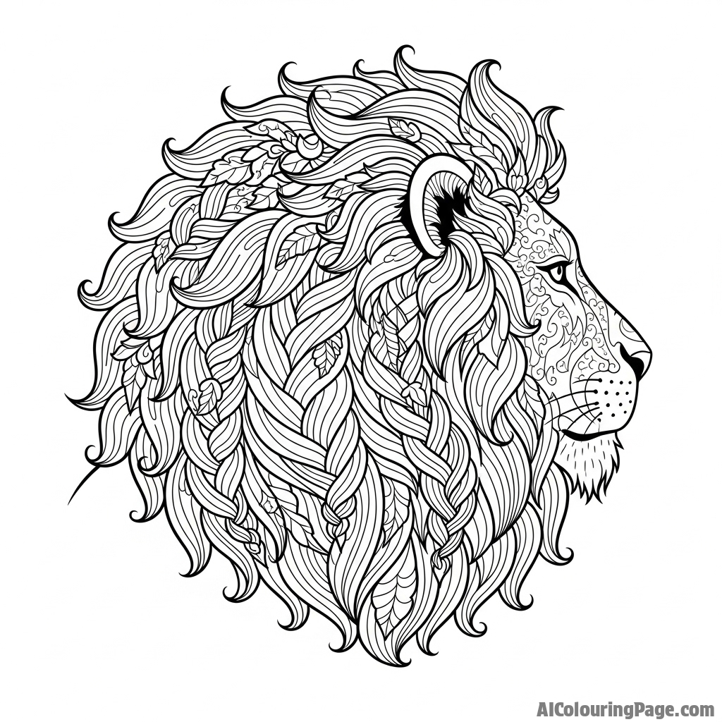 The intricate, textured detail of a lion's mane, viewed from behind.