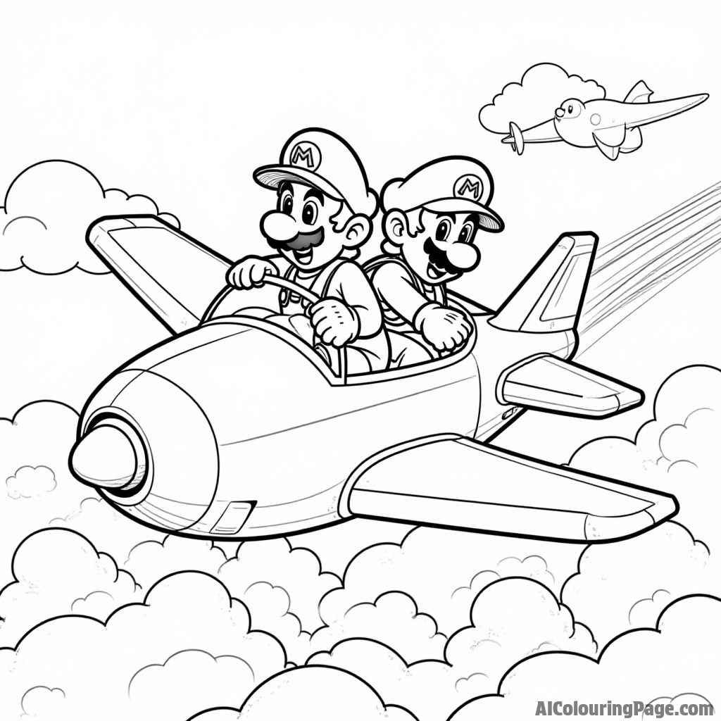 Mario and Luigi flying in a plane over the Mushroom Kingdom with a banner trailing behind.