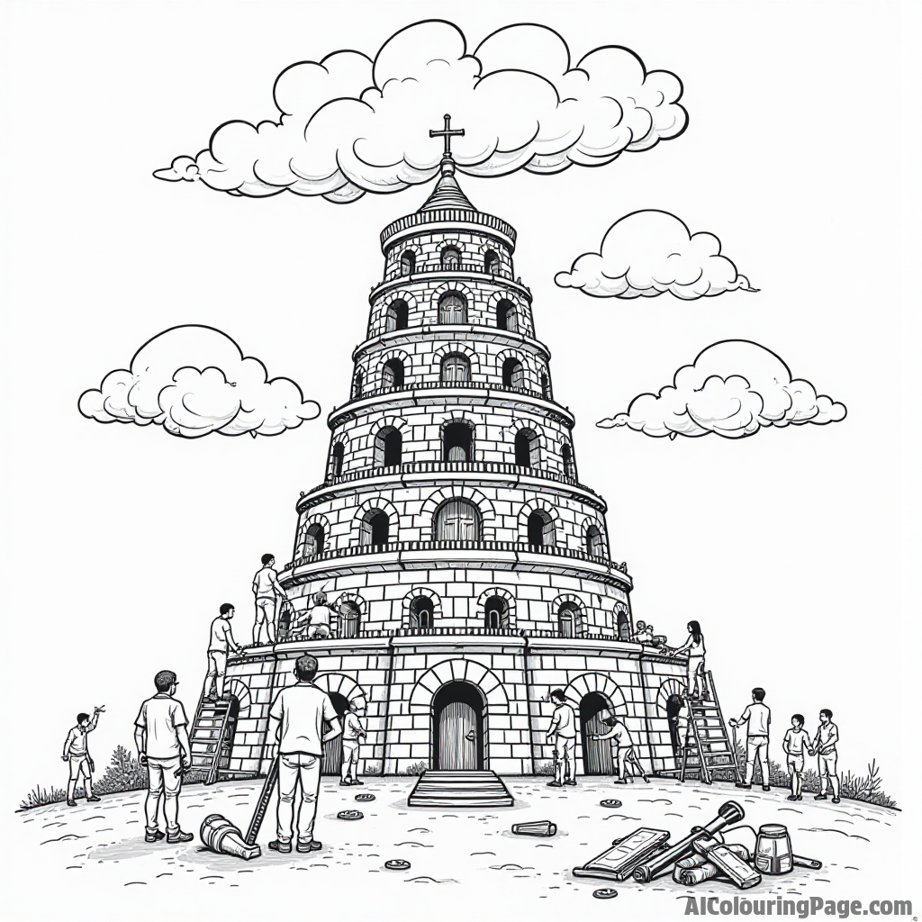 The Tower of Babel with people building, a variety of tools scattered around, and a cloudy sky overhead for creativity.