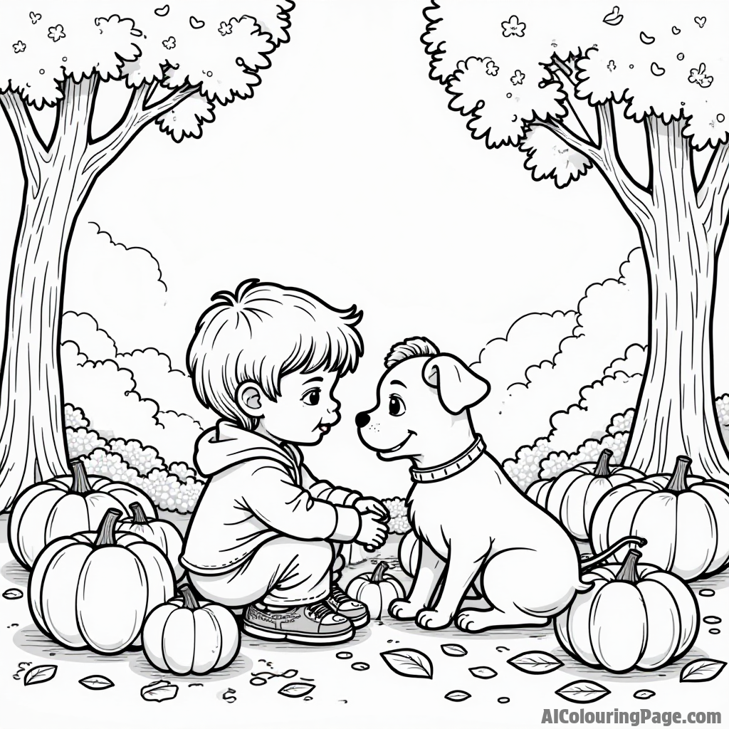 A young child and a dog playing in a pile of leaves surrounded by pumpkins and a backdrop of trees