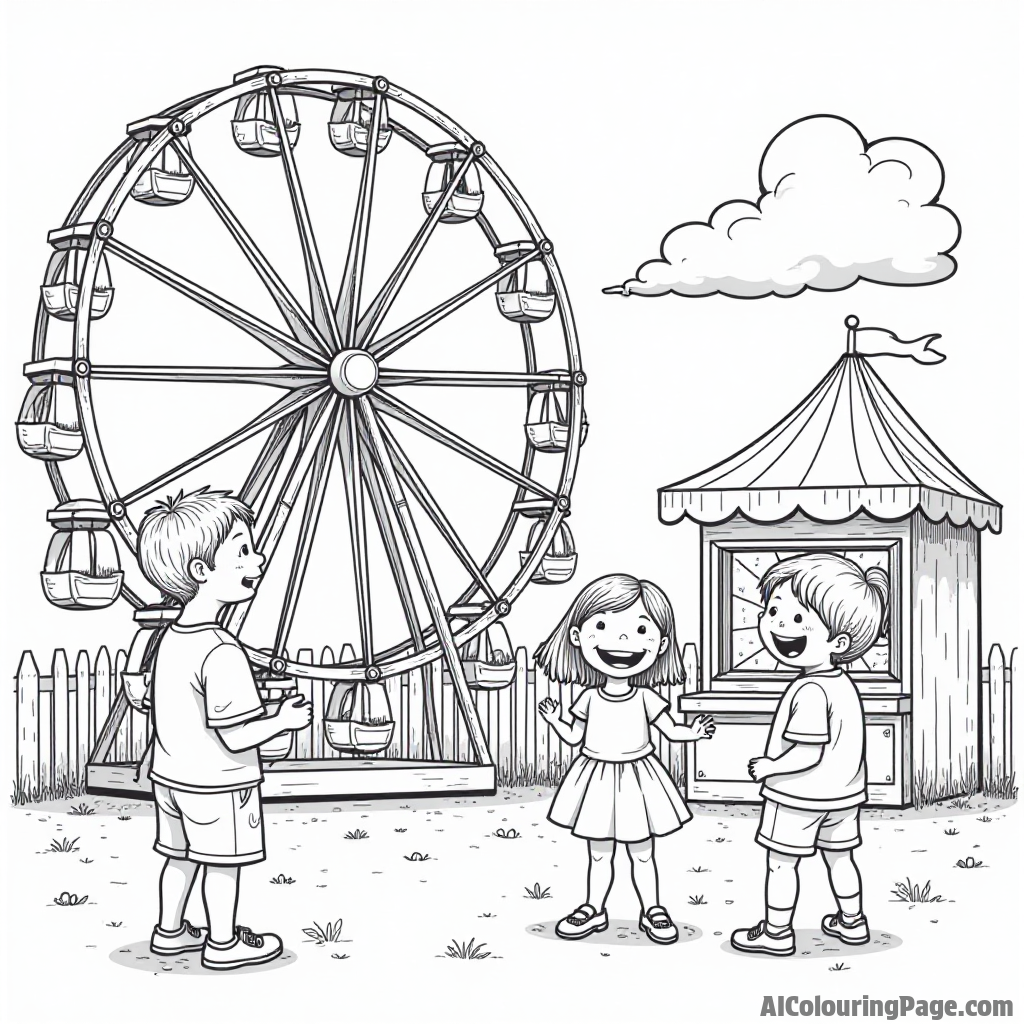 A fun summer fair scene with a Ferris wheel, cotton candy stand, and children enjoying games and laughter together.