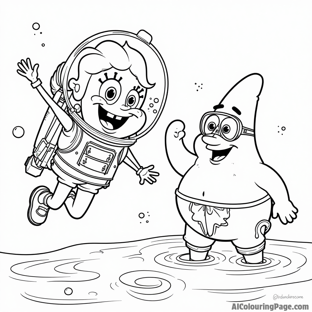 Sandy Cheeks in her space suit floating in the water next to SpongeBob and Patrick, who are wearing diving gear