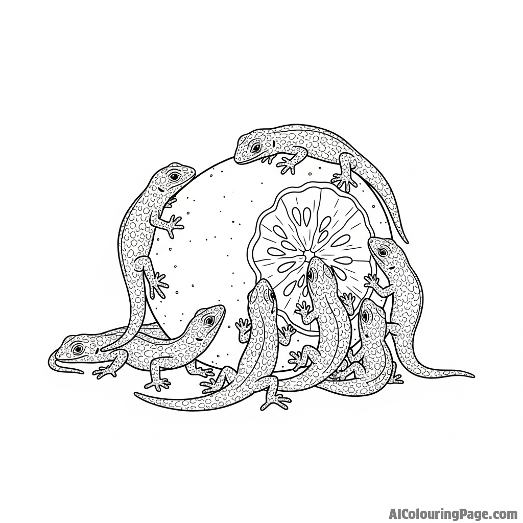 A group of small lizards swarming over a piece of fallen fruit.