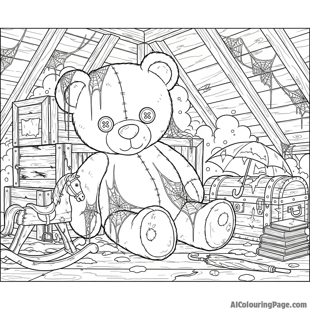 A giant teddy bear in a dusty, forgotten attic filled with cobwebs.