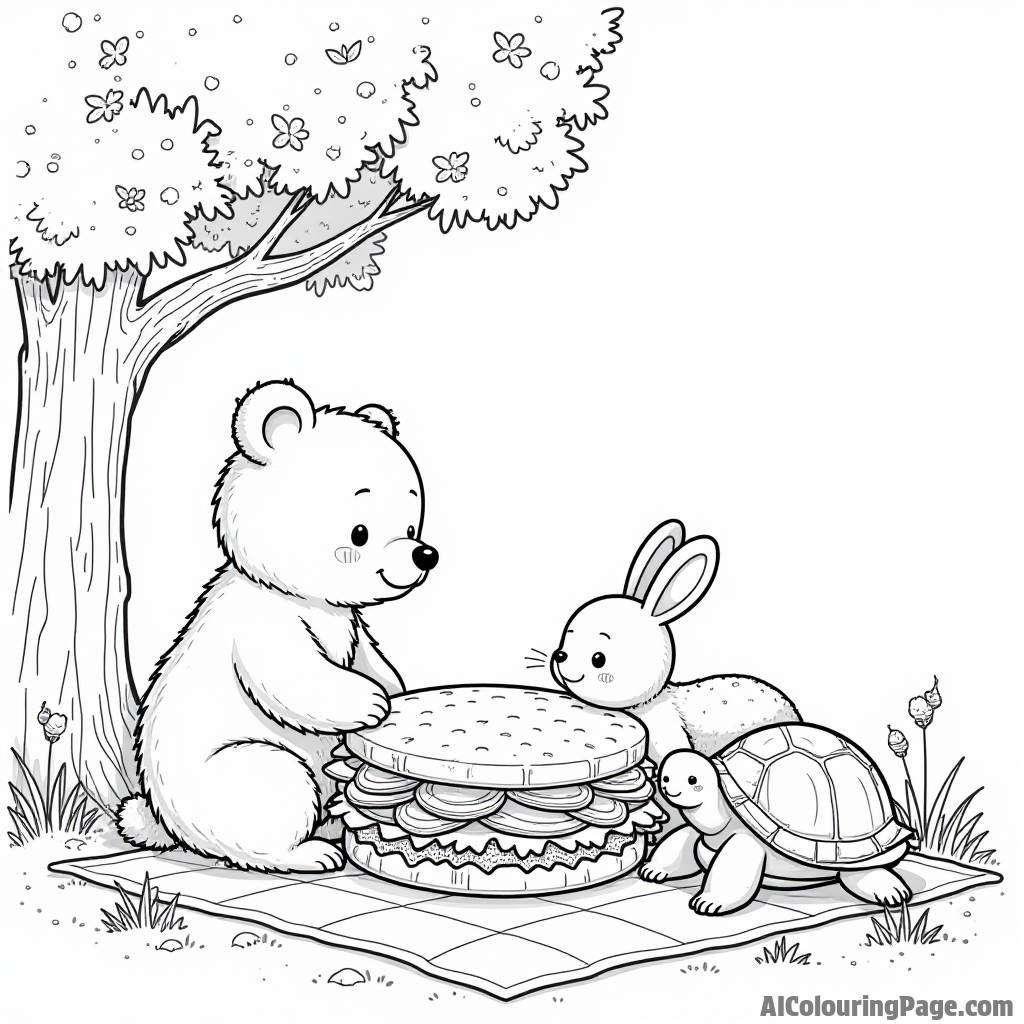 An adorable animal picnic scene featuring a bear, rabbit, and turtle sharing a giant sandwich under a shady tree.