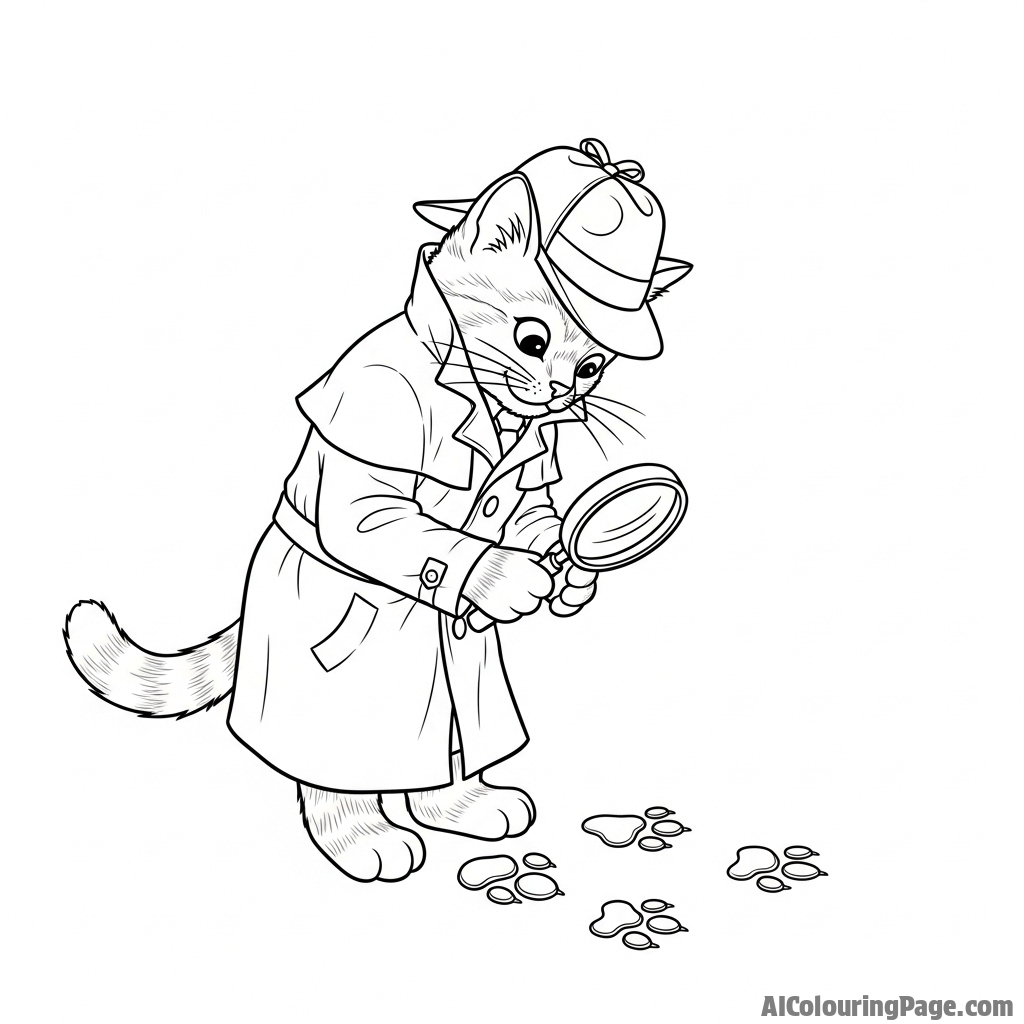 A detective cat wearing a trench coat and examining paw prints with a magnifying glass.