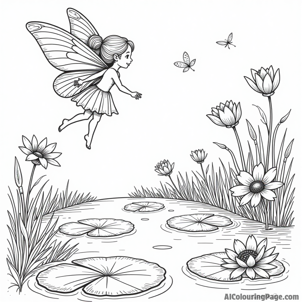 A tiny fairy with butterfly wings flying over a sparkling pond filled with lily pads and blooming flowers