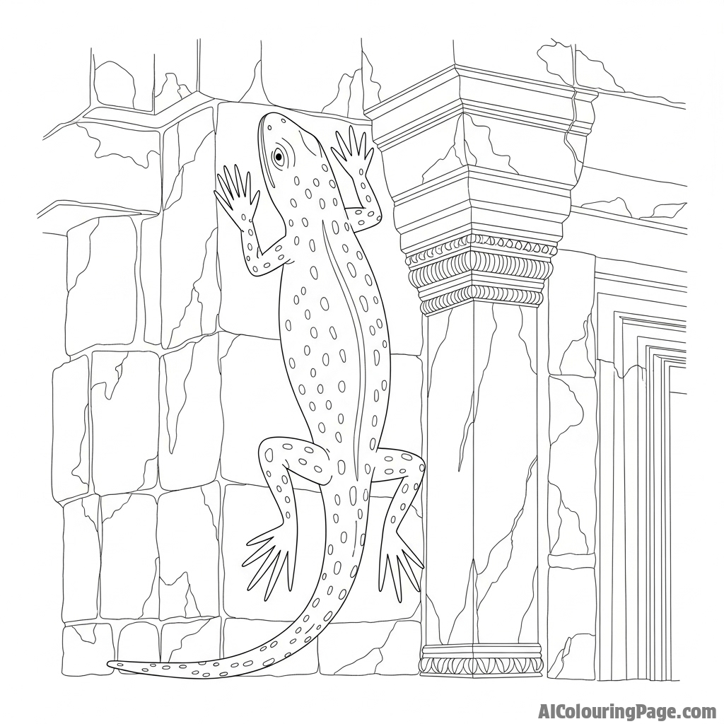 A stone sculpture of a lizard on an ancient temple.
