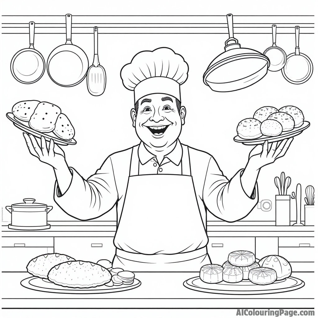 A happy chef juggling various bread types in a kitchen, with pots and pans hanging from the ceiling above.