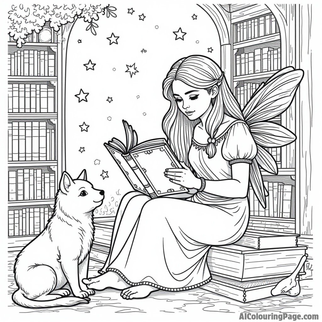 A fairy reading a book of spells while surrounded by enchanted animals in a magical library