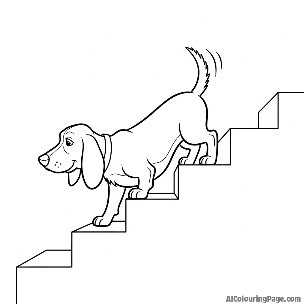 A long-bodied, short-legged dog navigating a set of stairs.