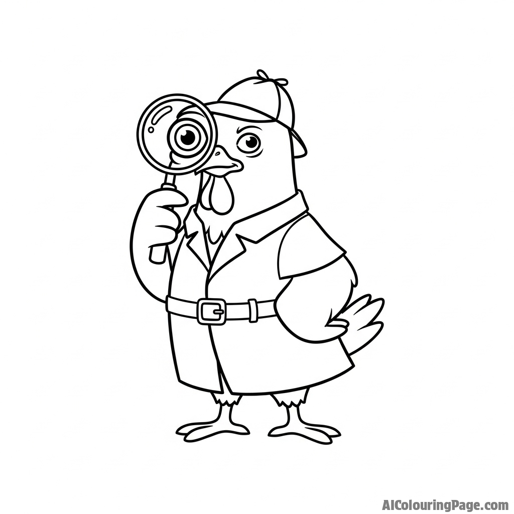A cartoon chicken detective with a magnifying glass and a trench coat.
