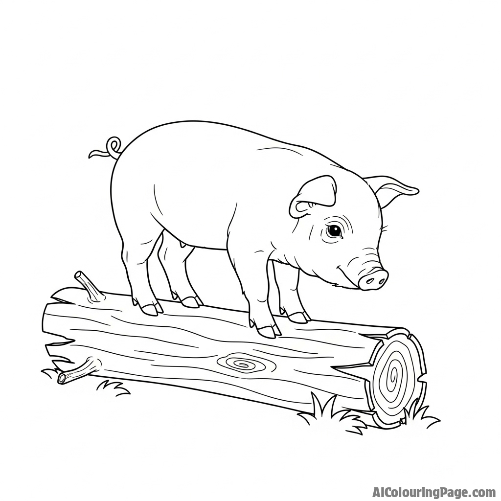 A piglet balancing on a log, a study in concentration.