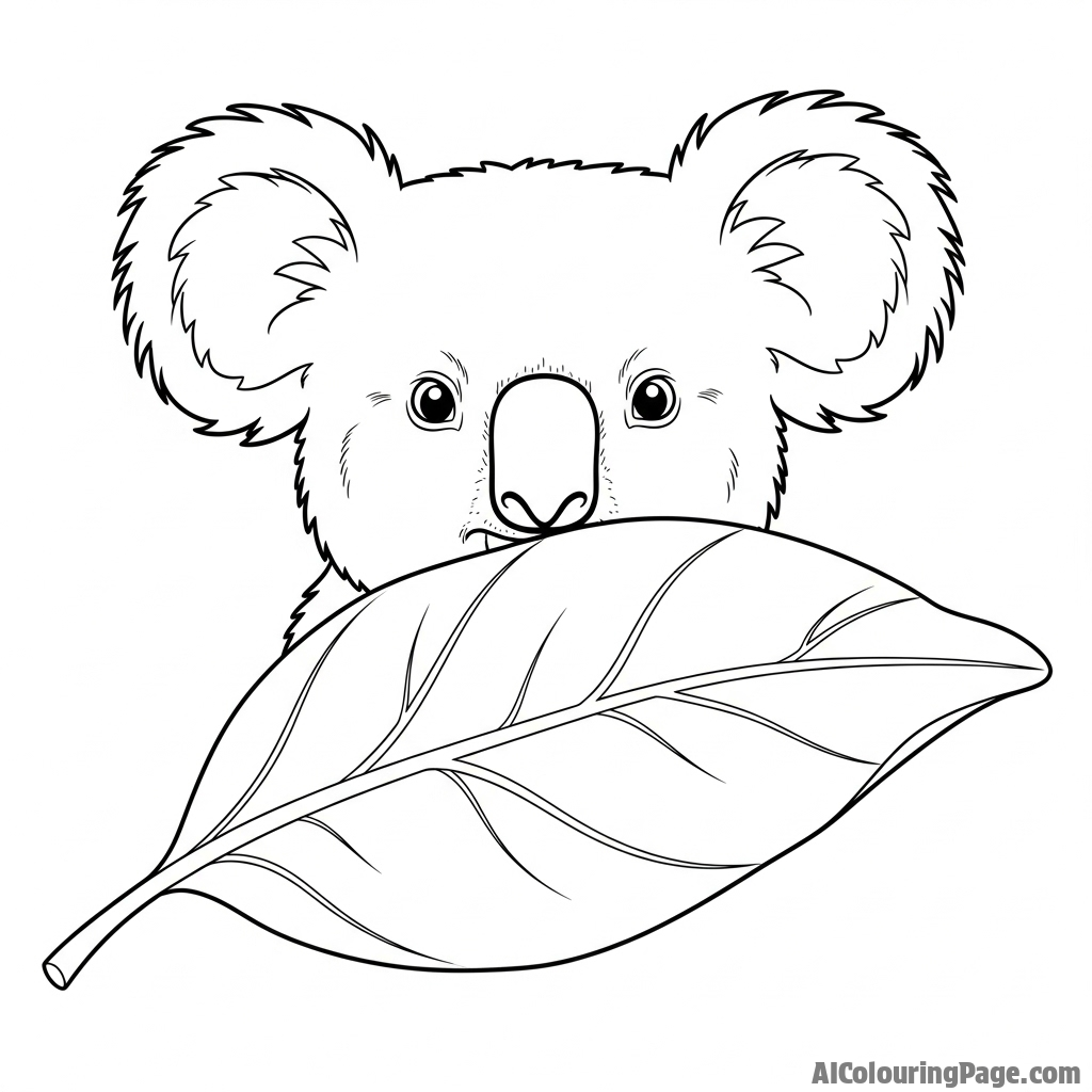 A koala's face peeking out from behind a large, waxy leaf.