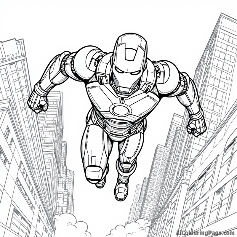 Iron Man flying through a cityscape