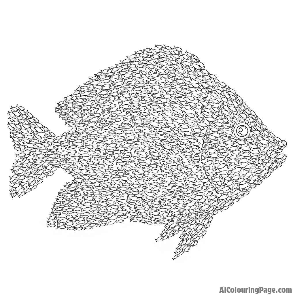 A school of tiny fish forming the shape of one giant fish.