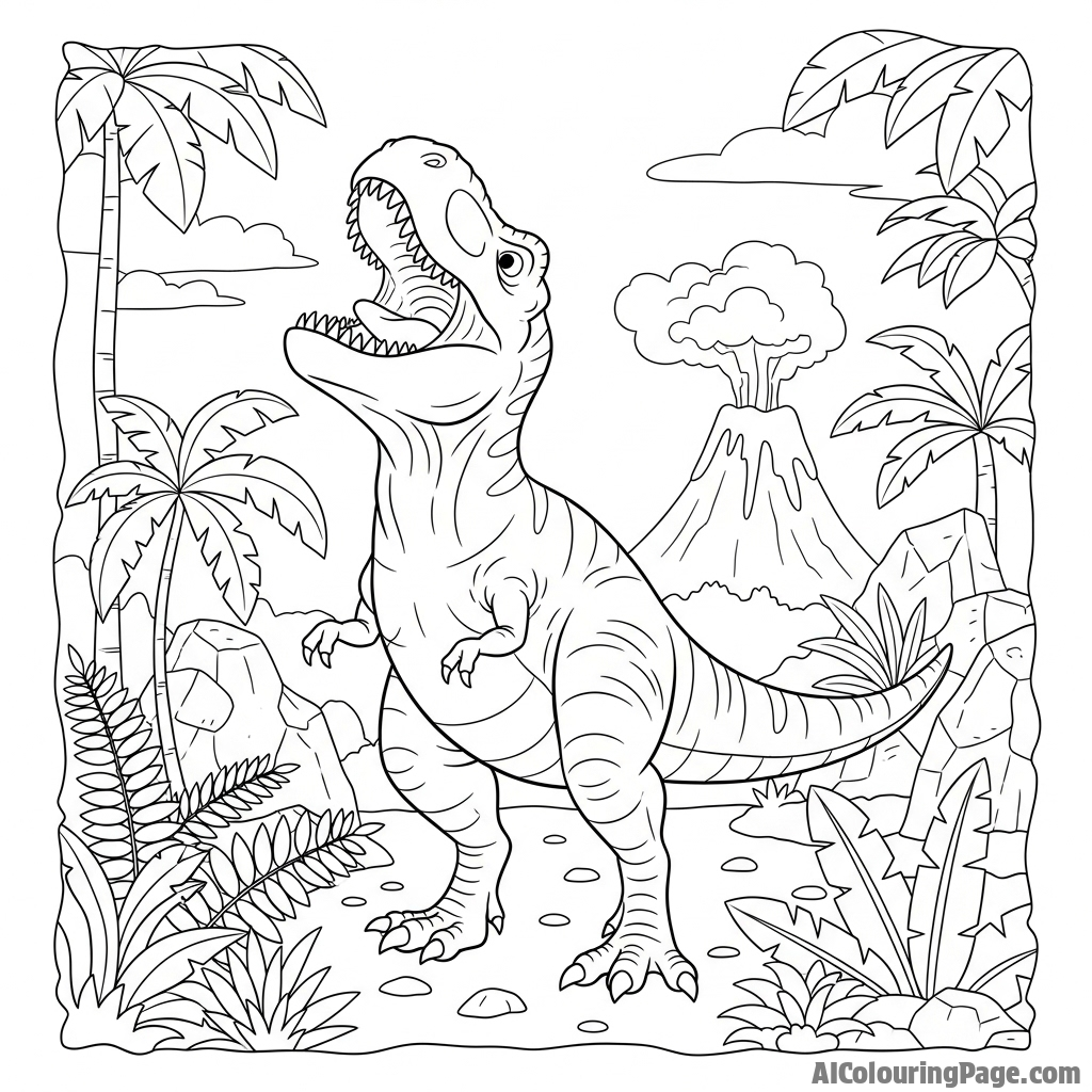 A Tyrannosaurus Rex letting out a deafening roar in a prehistoric jungle