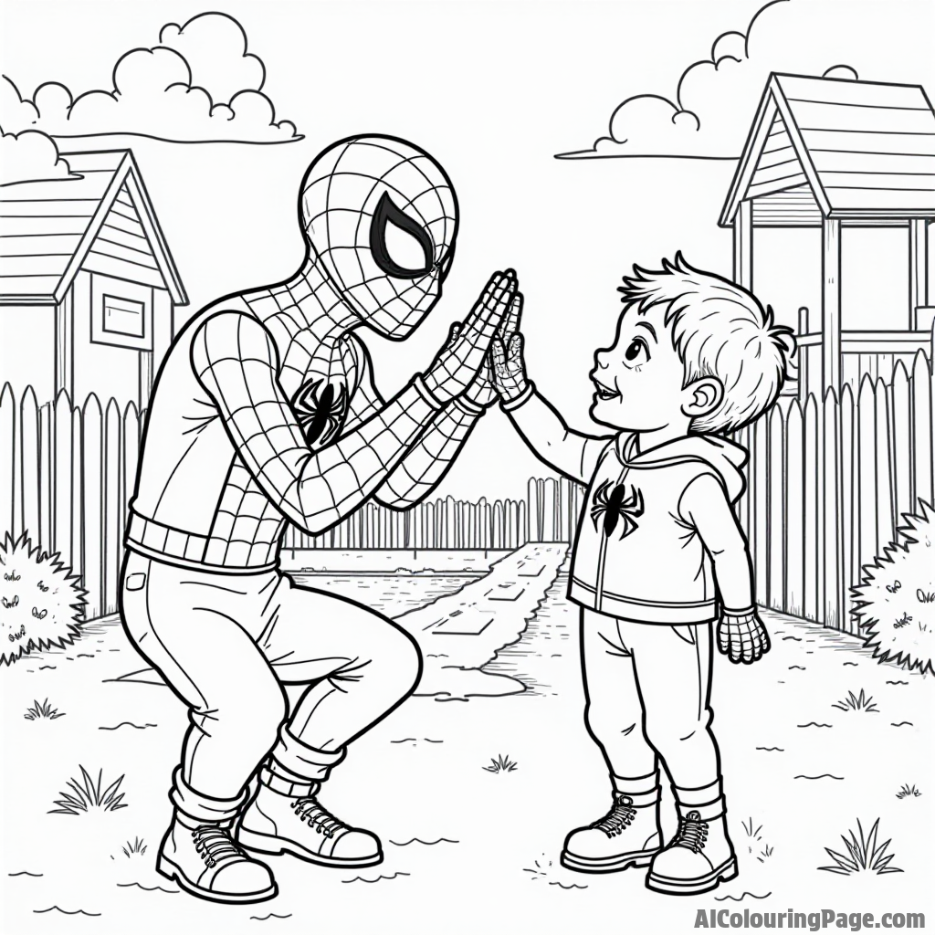 Spiderman giving a high-five to a child, a playground scene in the background, smiles all around