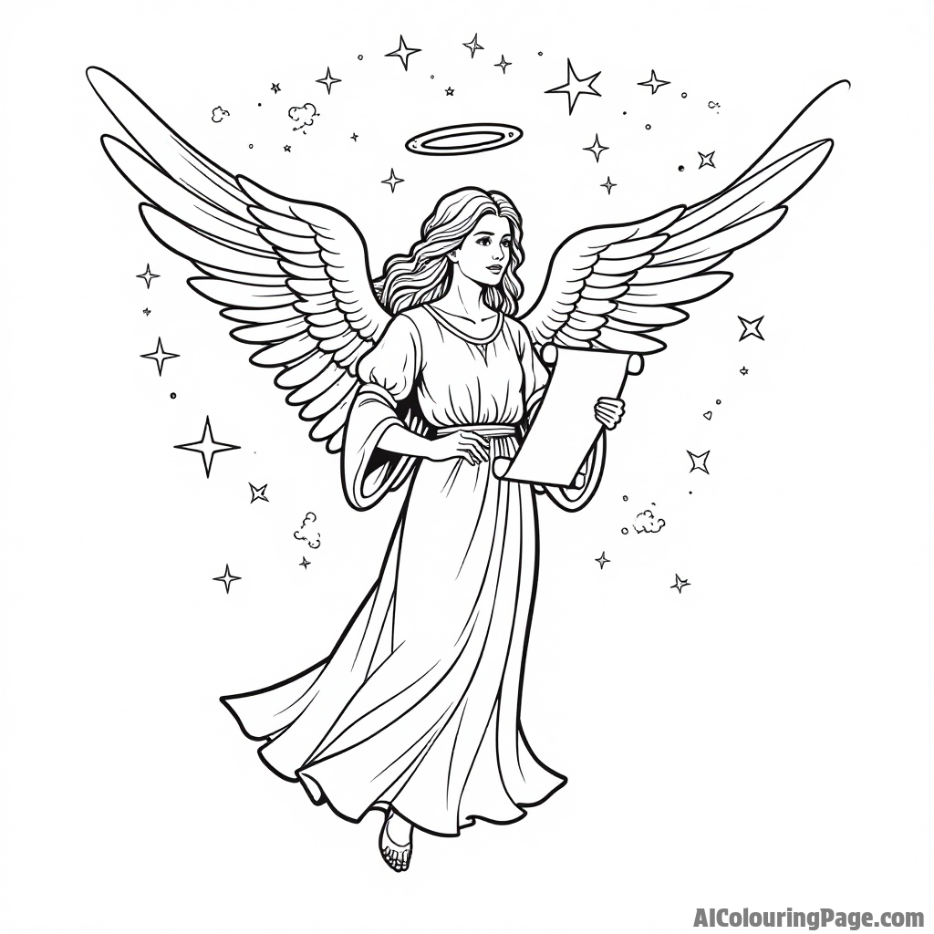 A majestic angel with large wings, holding a scroll, surrounded by clouds and stars in the night sky above.