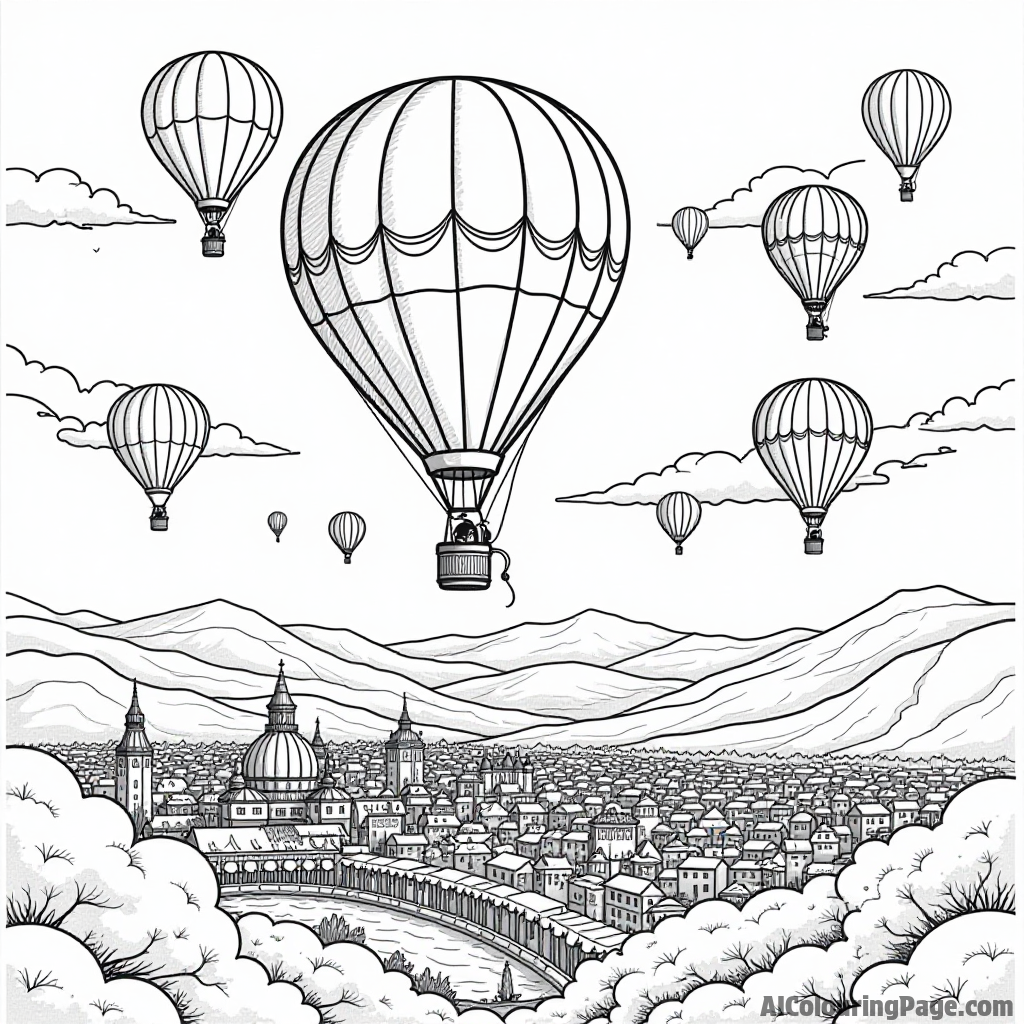 A colorful hot air balloon festival with balloons of different shapes and sizes floating high above a lively village