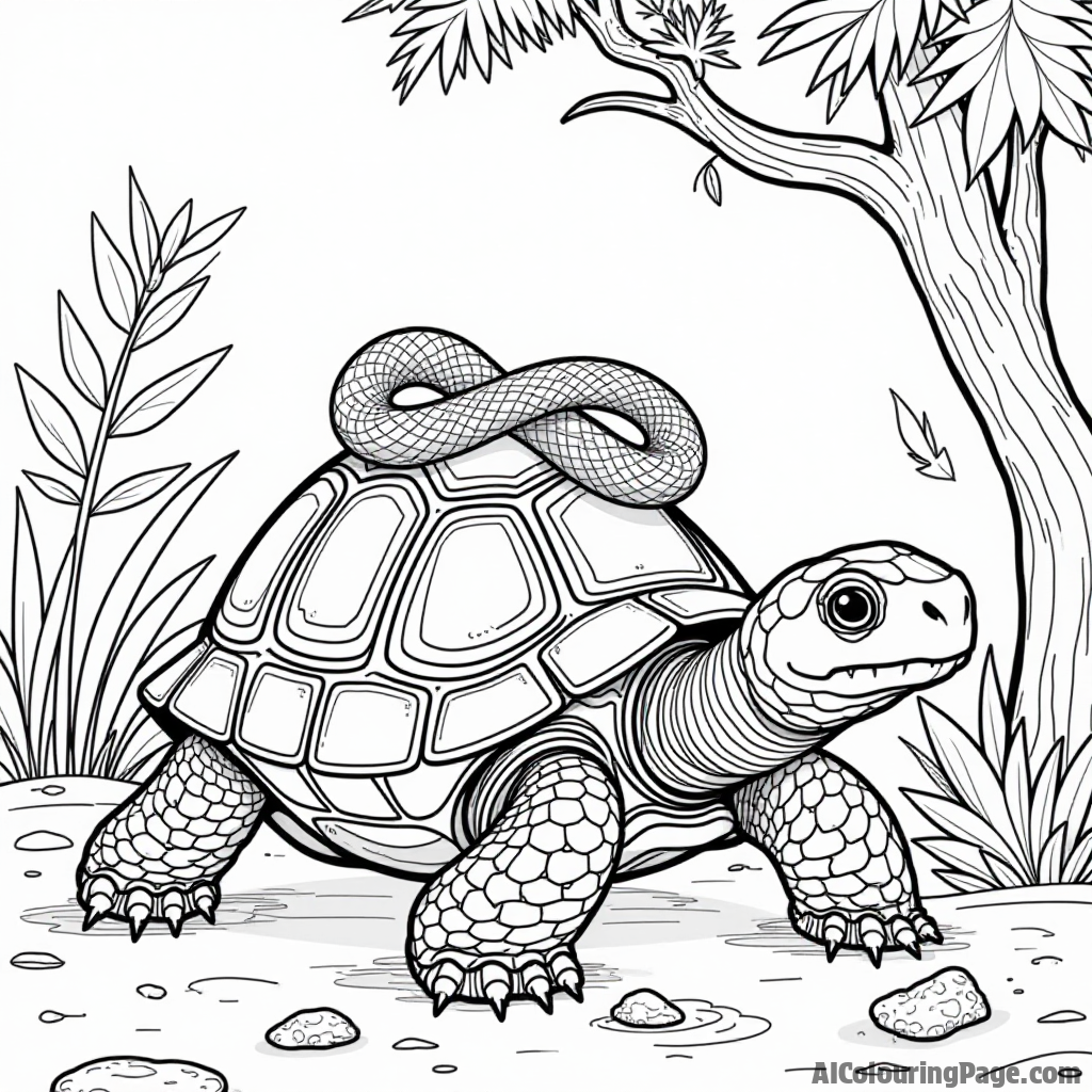 A wise tortoise slowly walking through the jungle with a colorful snake coiling around a branch above, perfect for children to engage in a creative and adventurous coloring journey.