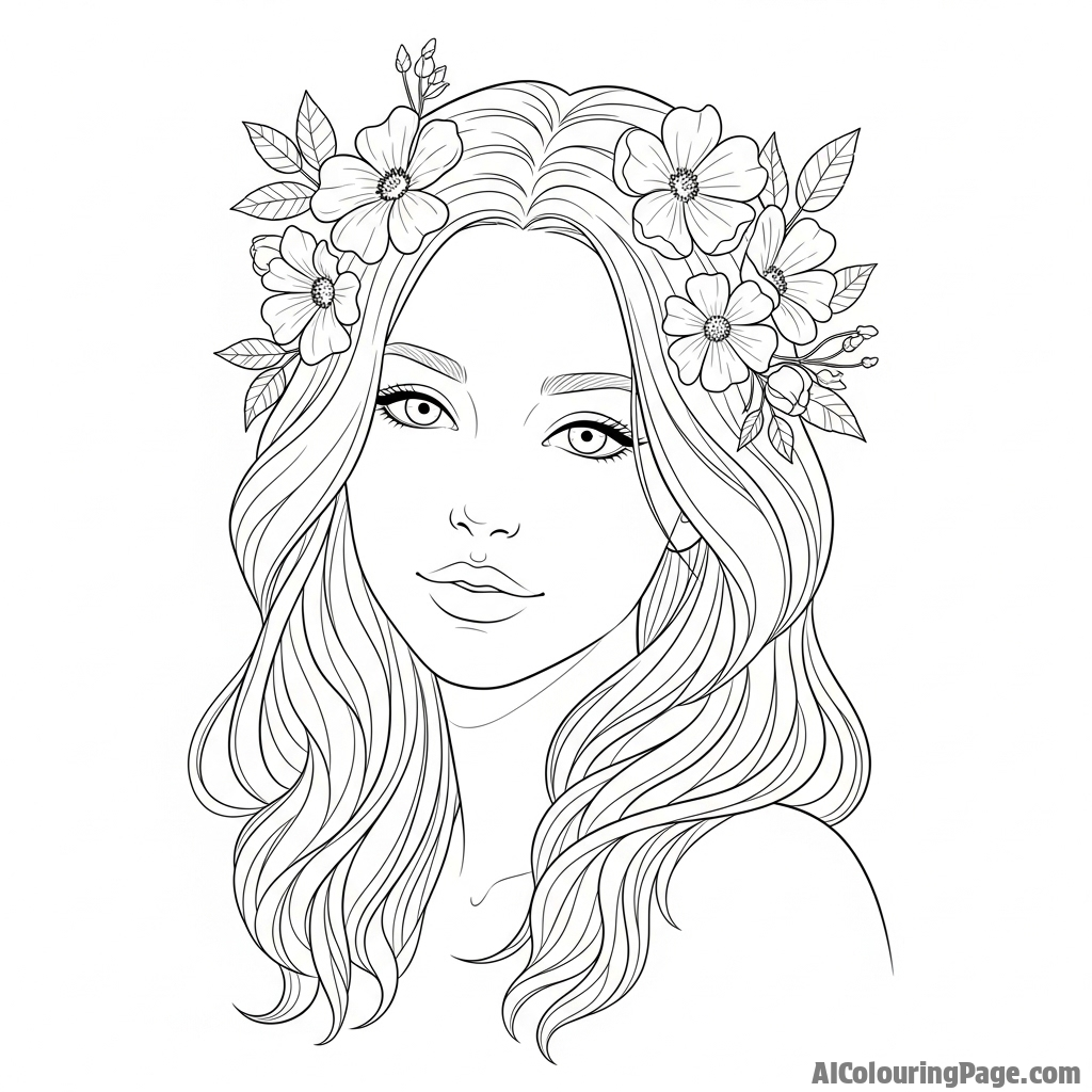 A portrait of Aphmau with flowers intertwined in her hair, serene and peaceful.