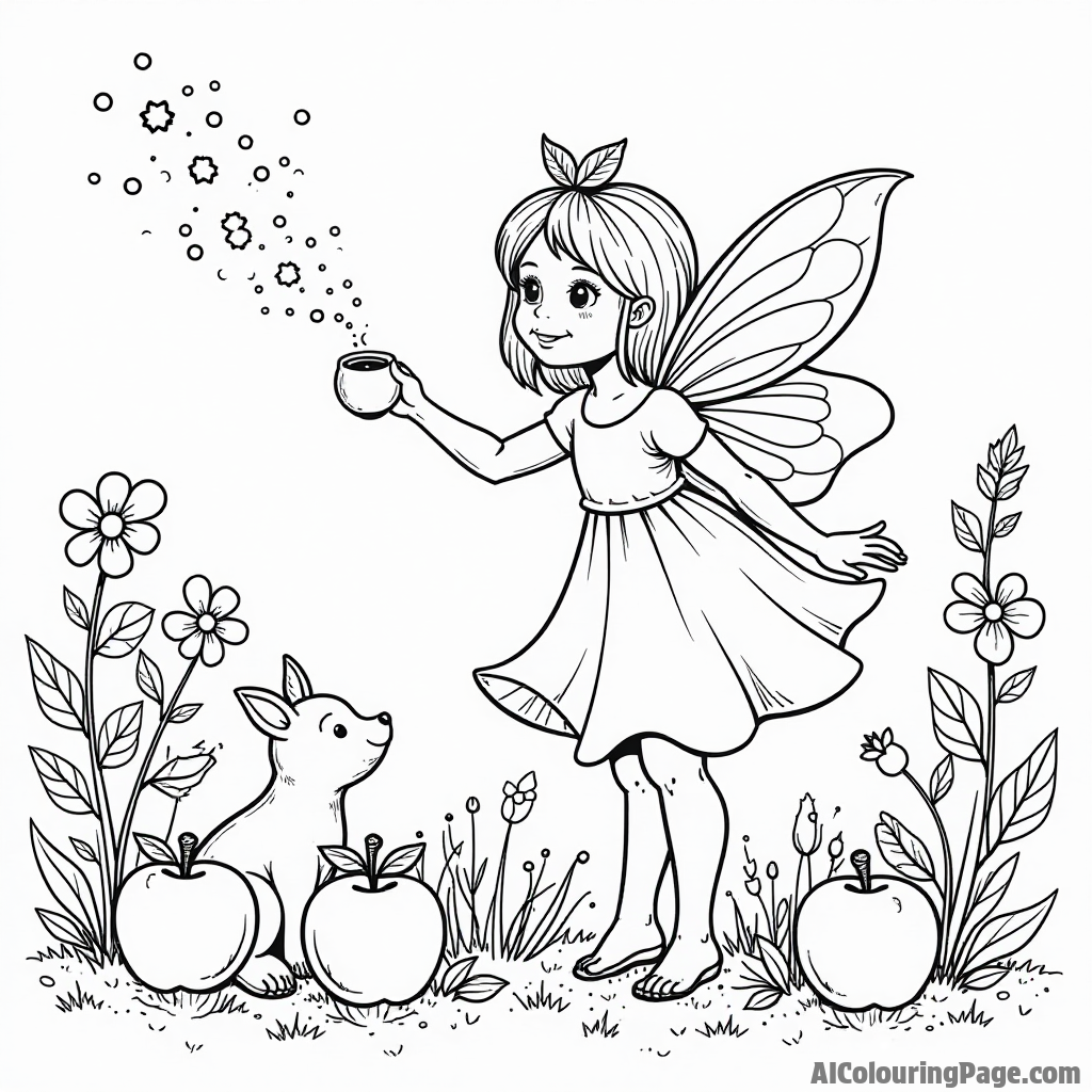 An apple fairy sprinkling magic dust over a garden of apples, accompanied by tiny animals and colorful flowers.