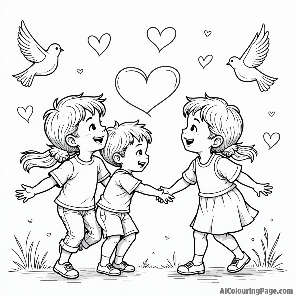 Children playing together, sharing the love of Jesus, with hearts and doves flying around for a joyful, uplifting scene.