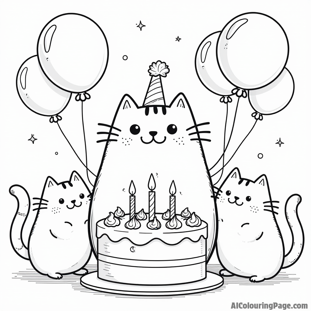 Pusheen celebrating a birthday with a big cake, colorful balloons, and friends gathered around ready to party