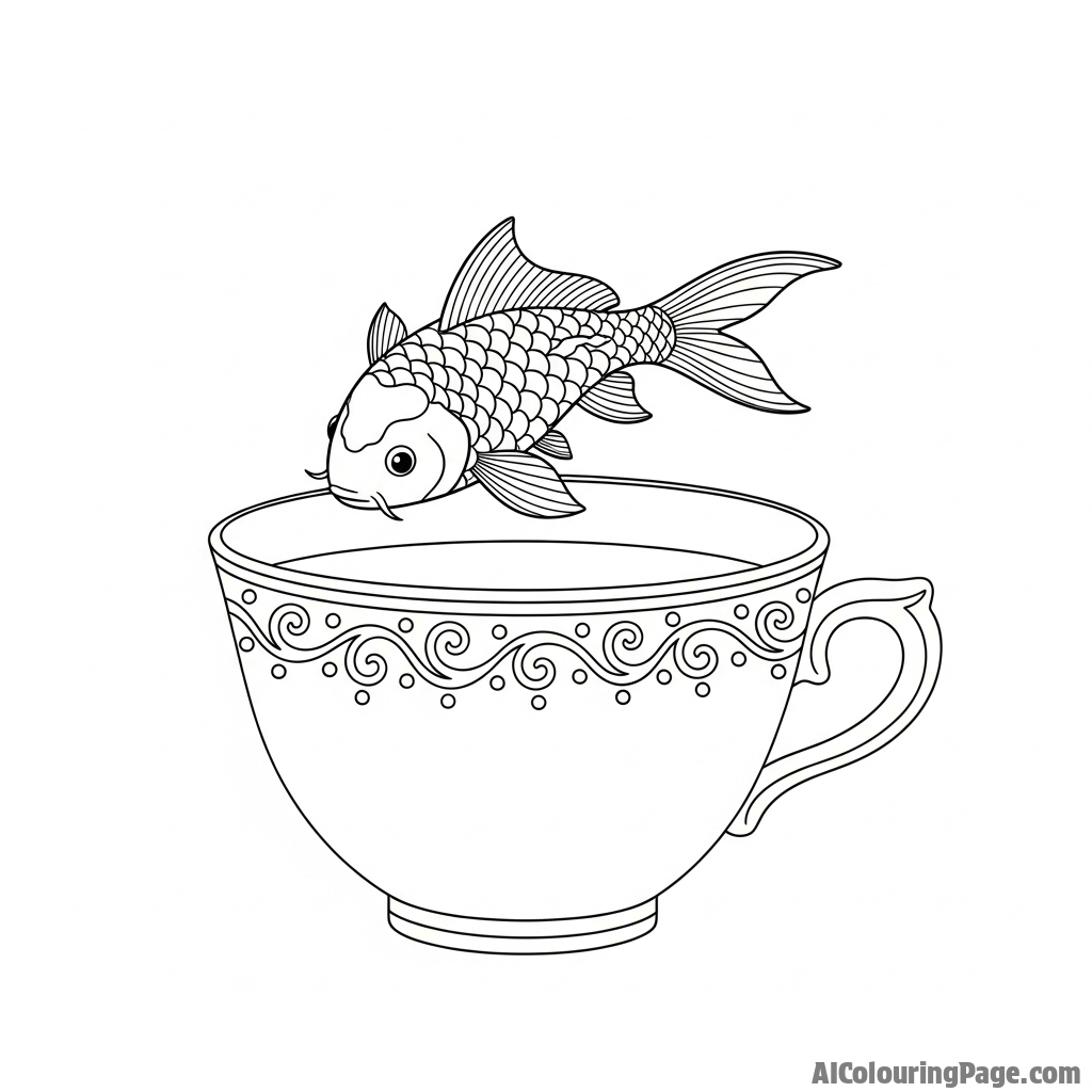 A whimsical scene of a miniature koi swimming inside a porcelain teacup.