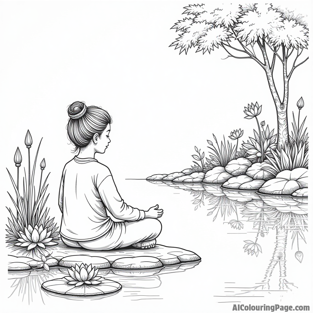 A serene scene of a character meditating by a tranquil pond, surrounded by lotus flowers and gentle ripples