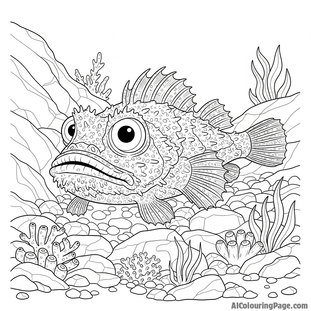 A stonefish camouflaged perfectly amongst the rocky seabed.