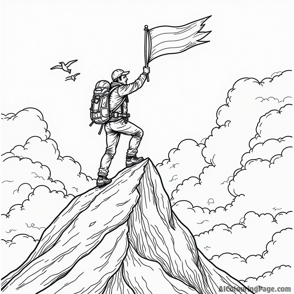 An adventurous climber reaching the summit, waving a flag proudly, with fluffy clouds surrounding the peak and birds soaring in the sky, inviting creativity in black and white.