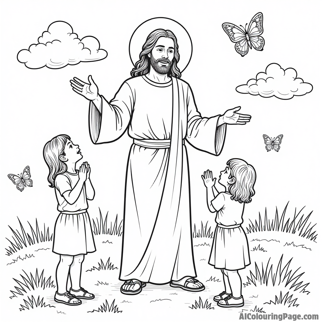 Jesus blessing the children, colorful butterflies fluttering around, soft clouds in the sky