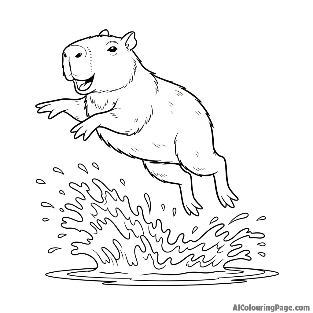 An action shot of a capybara jumping into a body of water with a splash.