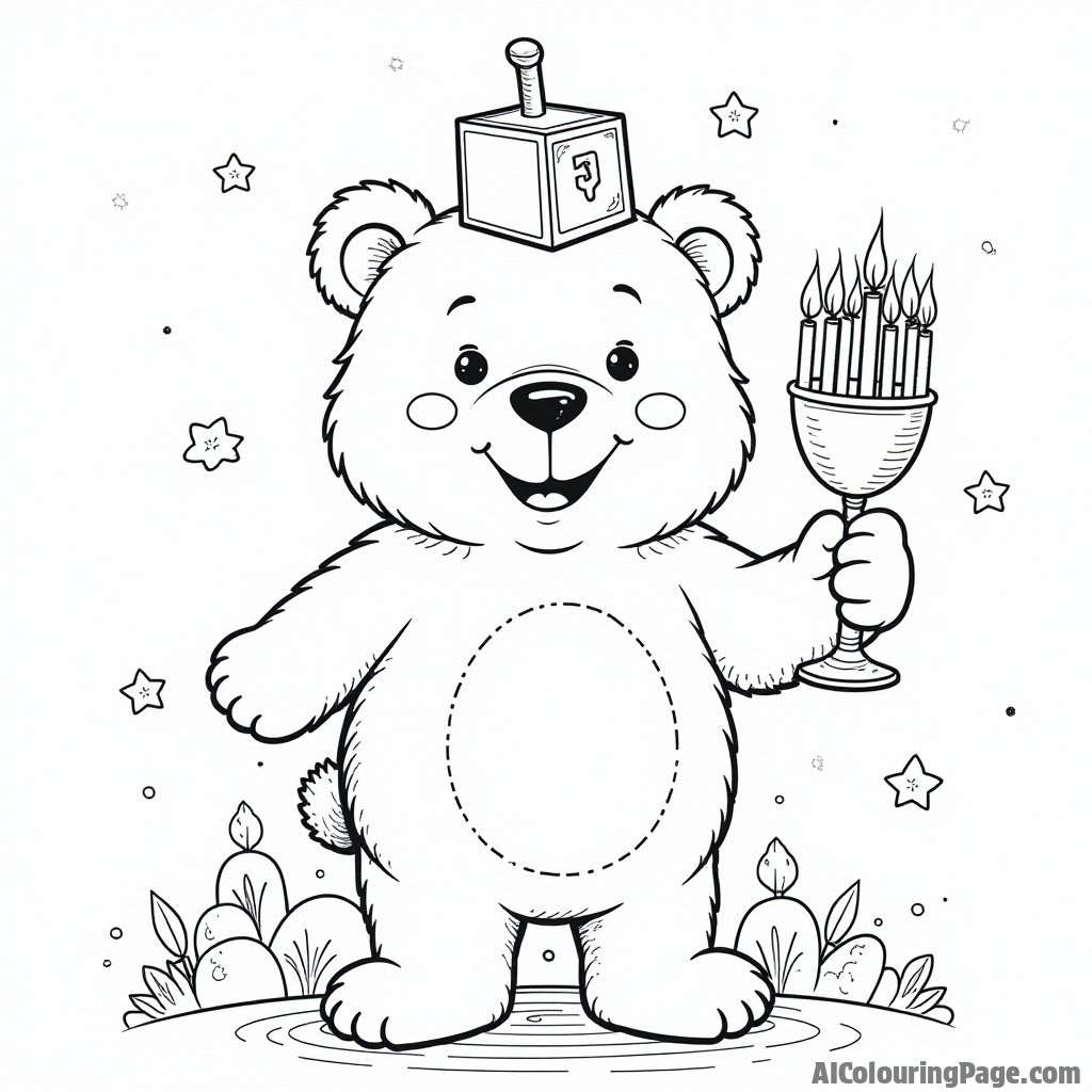 A cheerful bear wearing a dreidel hat, holding a menorah, set against a playful background, creating an adorable and fun Hanukkah scene for children to color.