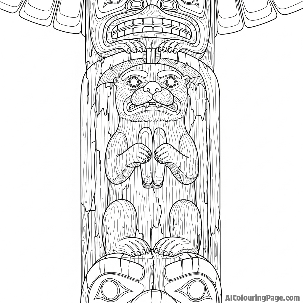 An otter figure carved into a weathered, ancient totem pole.